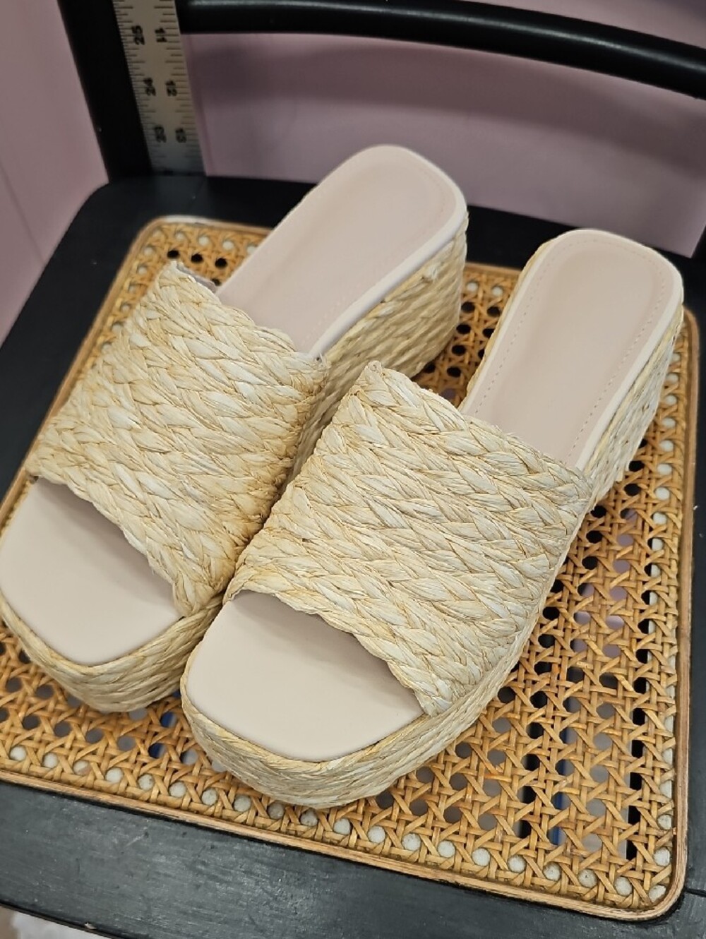 Woven Straw Slide Sandals in Natural - Women's Summer Slip-Ons